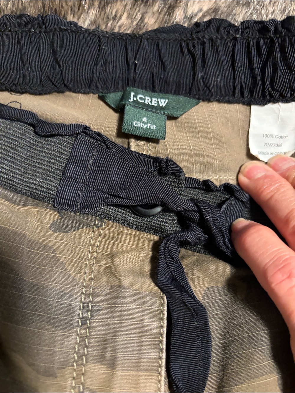 J. Crew Olive Camo City Fit Drawstring Pants with Black Waist